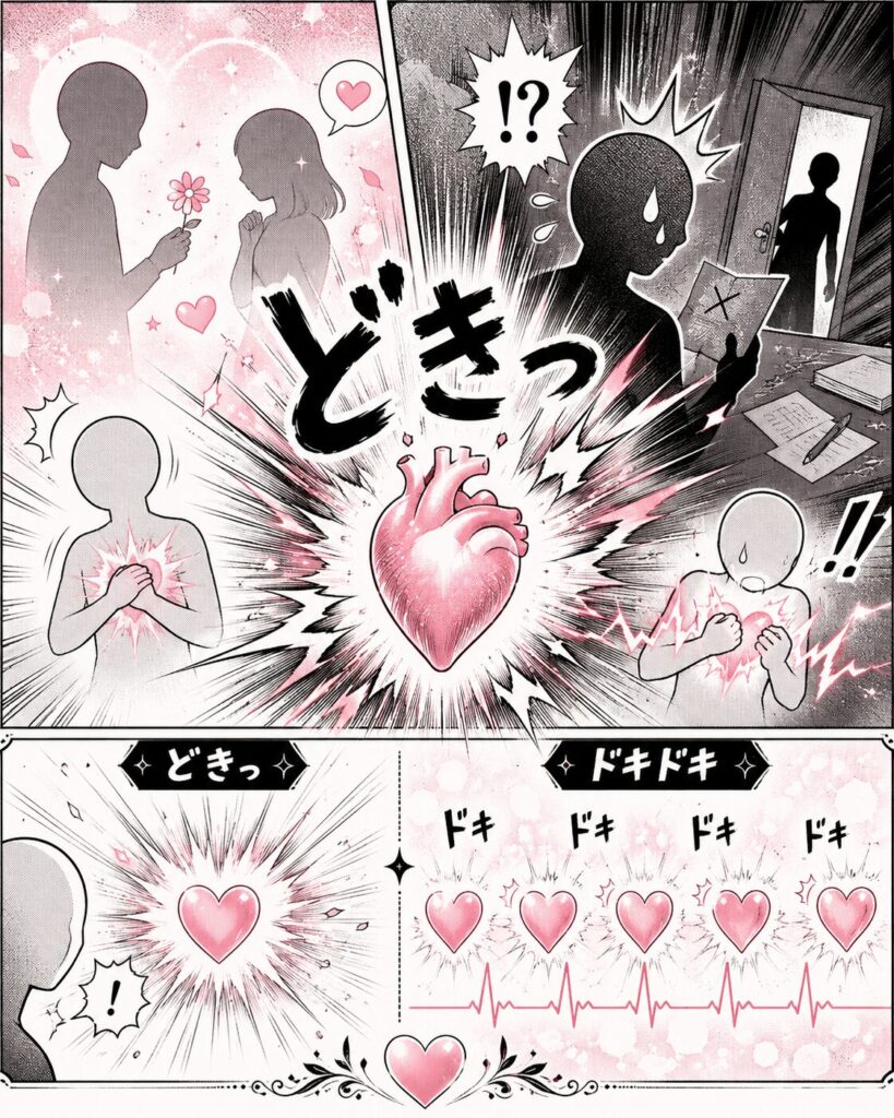 A manga-style illustration showing the Japanese onomatopoeia “ドキドキ” with repeated hearts and heartbeat lines, expressing a heart racing from romance, excitement, nervousness, or tension.