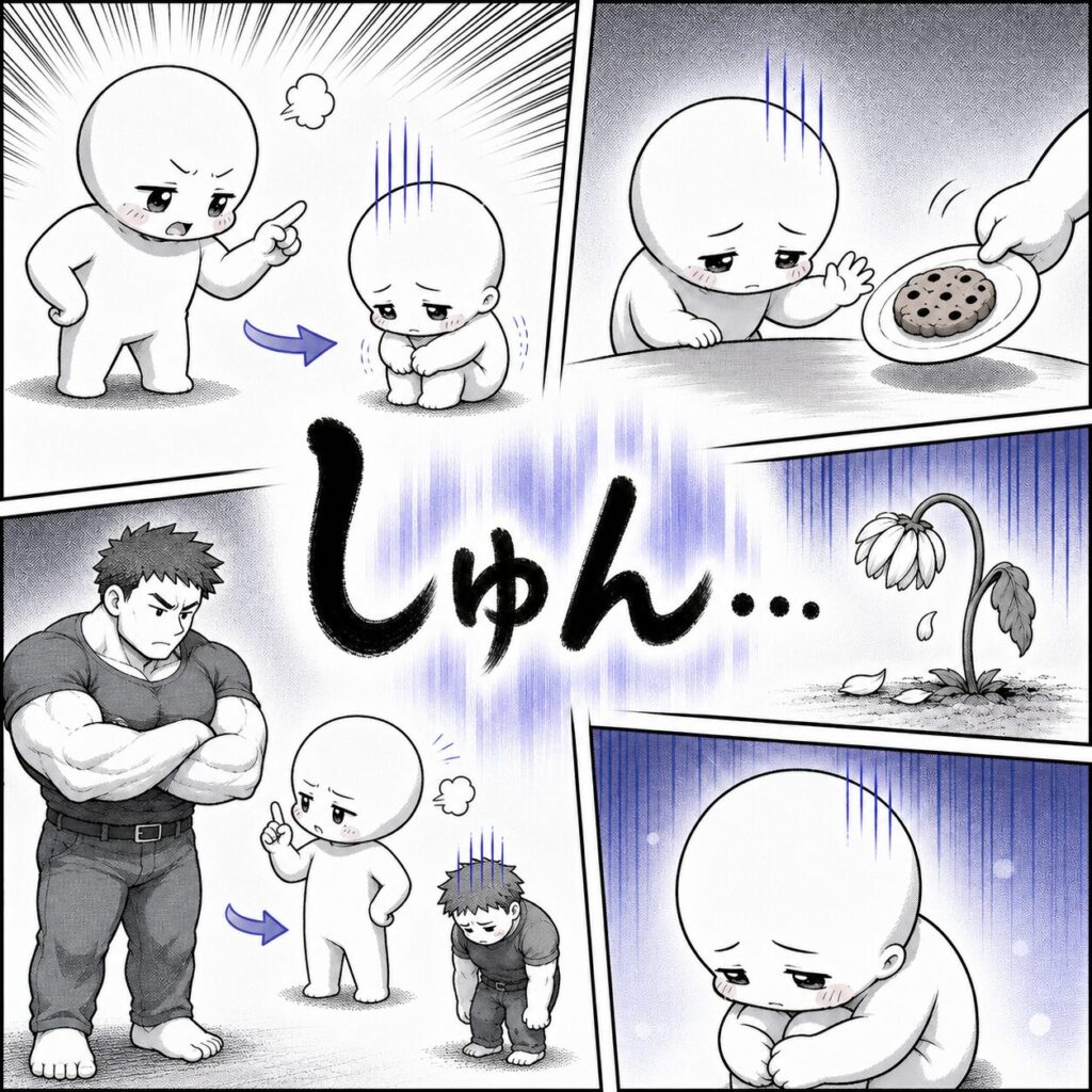 Manga-style illustration of “しゅん…” showing characters becoming small and dejected.